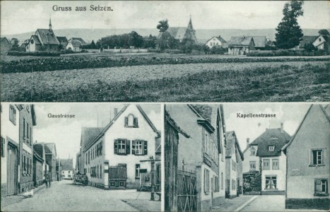 Alte Ansichtskarte Gruss aus Selzen, Total, Gaustrasse, Kapellenstrasse (GLÄNZENDES PAPIER, GEDRUCKT VERMUTLICH 1940er JAHRE)