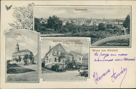 Alte Ansichtskarte Gruss aus Kördorf, Totalansicht, Kirche, Gasthaus z. grünen Baum von H. Eberling