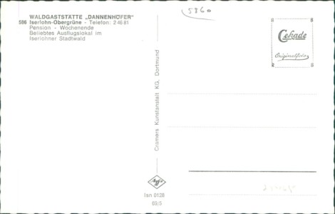 Adressseite der Ansichtskarte Iserlohn-Obergrüne, Waldgaststätte Dannenhöfer