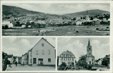 Alte Ansichtskarte Salmrohr, Gesamtansicht, Philipp Simons, Textil u. Lebensmittel, Kirche