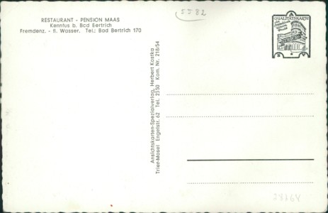Adressseite der Ansichtskarte Bad Bertrich-Kennfus, Restaurant-Pension Maas