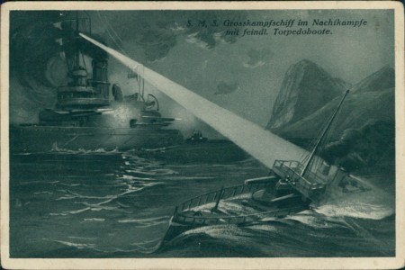 Alte Ansichtskarte S. M. S. Grosskampfschiff im Nachtkampfe mit feindl. Torpedoboote, 