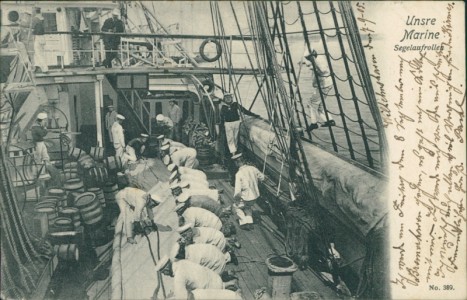 Alte Ansichtskarte Unsere Marine, Segelaufrollen. Segelschiff