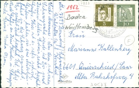 Adressseite der Ansichtskarte Bonndorf im Schwarzwald, Gasthaus Steinasäge, VW Käfer