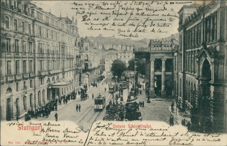 Alte Ansichtskarte Stuttgart, Untere Schloßstraße mit Straßenbahn