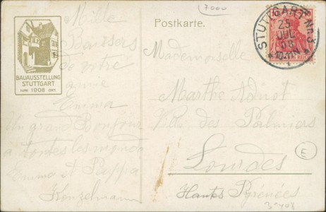 Adressseite der Ansichtskarte Stuttgart, Bauausstellung 1908
