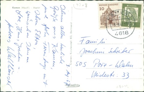 Adressseite der Ansichtskarte Kamen, Markt, VW Käfer