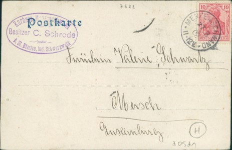 Adressseite der Ansichtskarte St. Blasien-Menzenschwand, Gesamtansicht, vermutlich Kurhaus Menzenschwand, Besitzer C. Schrode