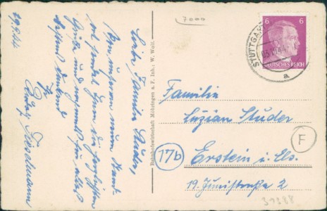 Adressseite der Ansichtskarte Stuttgart-Möhringen, Teilansicht mit Kirche