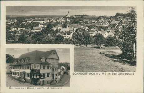 Alte Ansichtskarte Bonndorf im Schwarzwald, Gesamtansicht, Gasthaus zum Kranz, Besitzer: J. Widmann