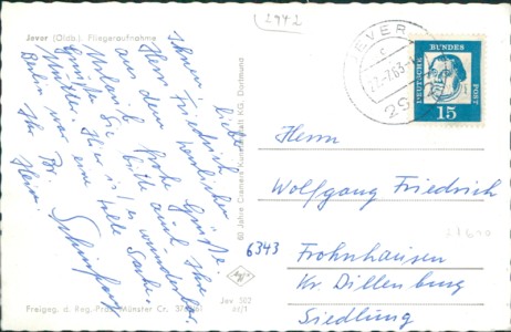 Adressseite der Ansichtskarte Jever, Fliegeraufnahme