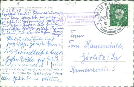 Adressseite der Ansichtskarte Haina (Kloster)-Battenhausen, Pension Weber (Landpost Battenhausen über Bad Wildungen)