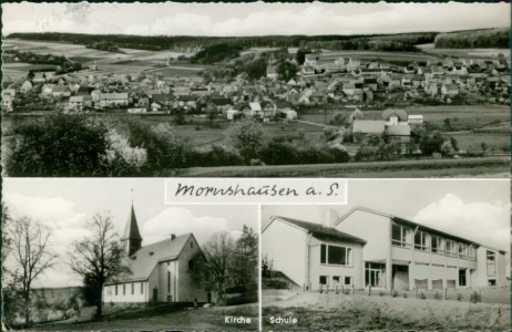 Alte Ansichtskarte Gladenbach-Mornshausen, Gesamtansicht, Kirche, Schule