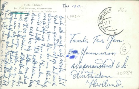 Adressseite der Ansichtskarte Schwenningen a. Neckar, Hotel Ochsen, Bes. Karl Schlenker, Küchenmeister