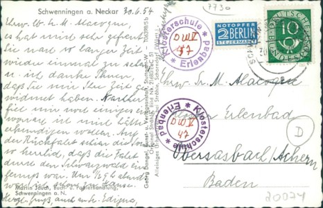 Adressseite der Ansichtskarte Schwenningen a. Neckar, Luftaufnahme mit Bahnhof (Strähle Nr. 21680)