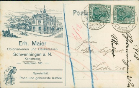 Alte Ansichtskarte Schwenningen a. Neckar, Erh. Maier, Colonialwaren und Delikatessen